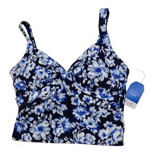 NWT Lands End Tankini Top Womens 6 Navy Blue White Floral Padded Cups Adjustable